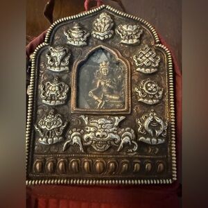Antique Tibet Gau Buddhist shrine Bronze & Silver detailed repousse Chenrezig